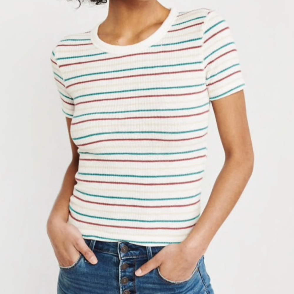 Abercrombie & Fitch Cream Ribbed Short Sleeve Tee with Teal & Red Stripes